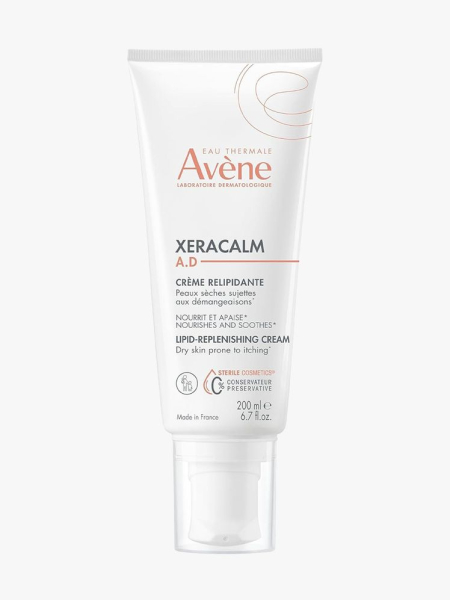  Eau Thermale Avène XeraCalm A.D. Lipid-Replenishing Cream white tube on light gray background