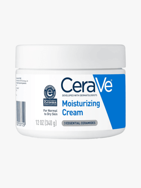 CeraVe Moisturizing Cream in white and blue branded tub component on a light gray background