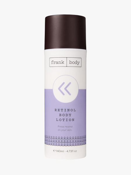 Frank Body Retinol Body Lotion in branded component on a light gray background