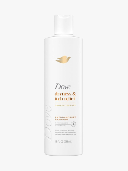 Dove Derma Dryness and Itch Relief Anti-Dandruff Shampoo in branded component on a light gray background